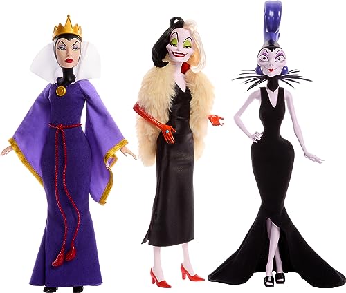 Disney Princess Pack con las 3 villanas más famosas de las películas clásicas, Malefica, Cruela de Vil, Yzma, juguete +4 años (Mattel HRF56)