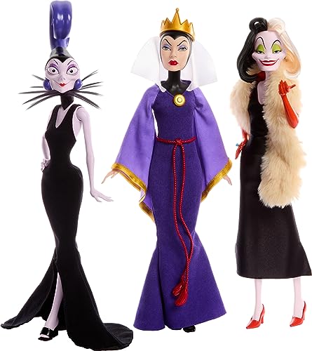 Disney Princess Pack con las 3 villanas más famosas de las películas clásicas, Malefica, Cruela de Vil, Yzma, juguete +4 años (Mattel HRF56)