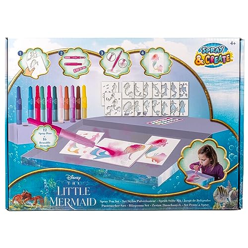 Disney - The Little Mermaid - Juego de rotuladores con pulverizador - Lápices para colorear para niños - Juego de lápices de colores y páginas para colorear