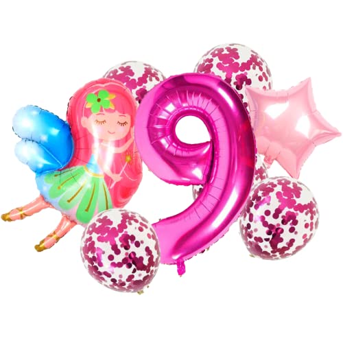 DIWULI lindo juego de globos de hadas mágicas, XXL número de globo número 9 rosa, papel de aluminio globos de látex confeti 9º cumpleaños de la muchacha tema de decoración de la fiesta