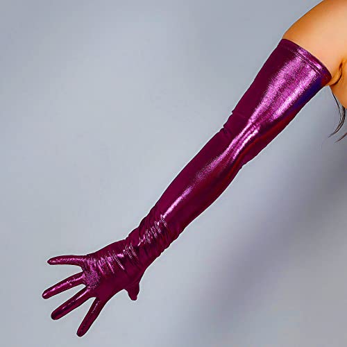 DooWay Guantes de noche holográficos para mujer, elásticos, 70 cm, guantes metálicos súper largos para disfraz de fiesta Rave Dace, Rosa oscura metálica, 85
