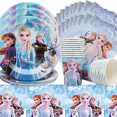 Doyomtoy Juego de Fiesta de Cumpleaños de la Reina de Frozen,Fiesta de Cumpleaños de Frozen,61 Piezas Fiesta de la Reina de Frozen,20 Platos,20 Vasos de Papel 20 servilletas 1 Mantel