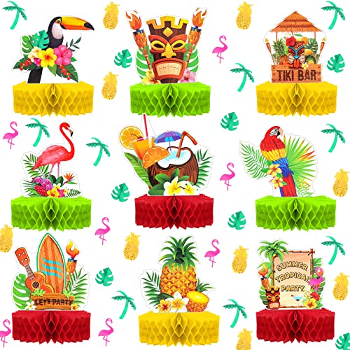 DPKOW Centros de Mesa para Fiesta Hawaiana Luau, 9 Piezas Centros de Mesa de Nido de Abeja de Hawaianos Decoración de Mesa Luau Tiki Centros de Mesa Flamenco Hoja de Palma Coco Piña 3D con Confeti