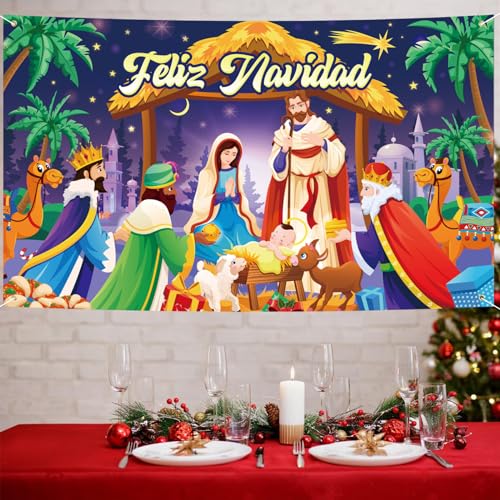 DPKOW Feliz Navidad Pancarta para Reyes Magos Belen Navidad Decoración, Niño Jesús Dios ha Nacido Pancarta de Fondo para Nacimiento Navidad Reyes Magos Interior Exterior Balcon Decoración, 185*110cm