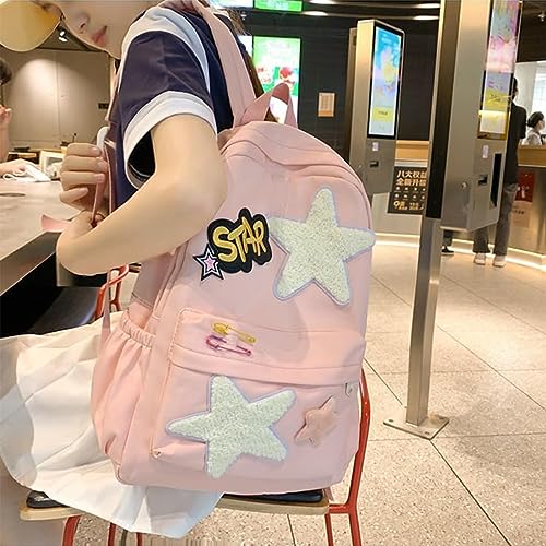 DRABEX Y2K Star Mochila para la escuela, mochila de viaje de senderismo Harajuku colorida de moda, mochila estética, Una bonita mochila unisex de gran capacidad. (Black)
