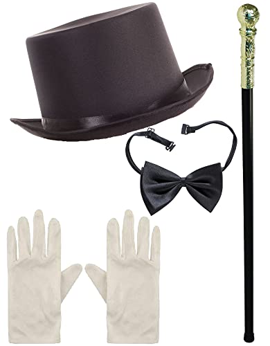 Dreamzfit - Adultos Chocolate Factory Owner BLACK TOP HAT, GOLDEN PIMP CANE/STICK, NEGRO BOW TIE & WHITE GUANTES ~ Victorian Style Gentleman Work Book Week Fancy Dress Costume