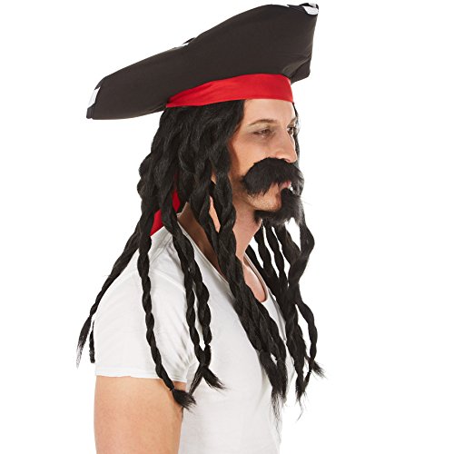dressforfun Peluca de Capitán Jack para Hombre | Bonitas Rastas Largas con Fantástico Sombrero Pirata