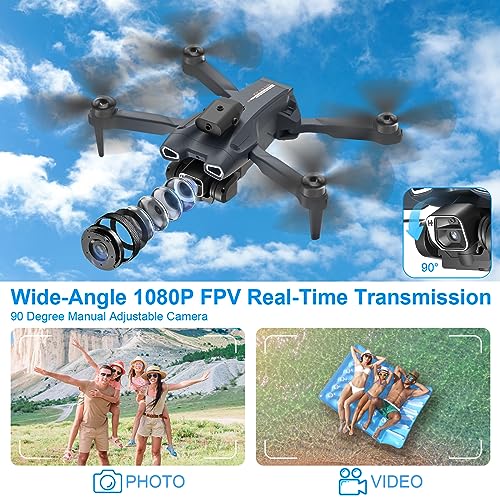 Dron con Cámara 1080P HD, GuKKK Motor sin Escobillas Drone 2 Cámaras, Adjustable Eléctricamente, Drones RC FPV WIFI Cuadricóptero, Plegable con 2 Baterías, para Principiantes