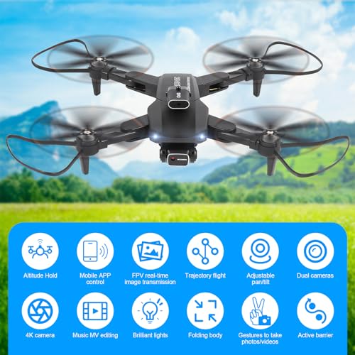 Dron con Cámara 4K HD, GuKKK 90° Adjustable Eléctricamente Drone 2 Cámaras, Mini Drone, Drones RC FPV WIFI Cuadricóptero, Plegable Mini Drone con 2 Baterías y Bolsa Portátil, para Principiantes