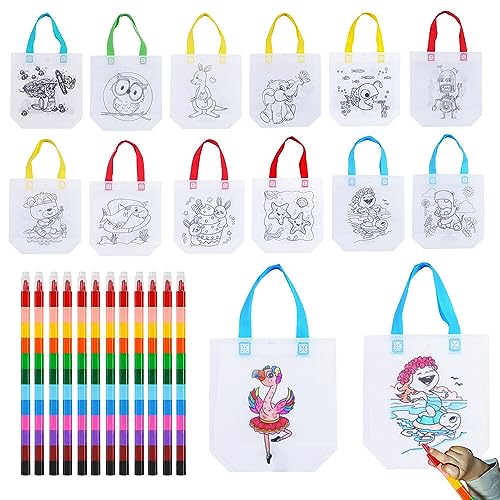 EBKCQ Bolsas de tela para pintar, juego de 12 bolsas de tela para niños con 12 crayones de cera apilables (12 colores en 1), bolsas de graffiti DIY para regalos de fiesta de cumpleaños infantiles