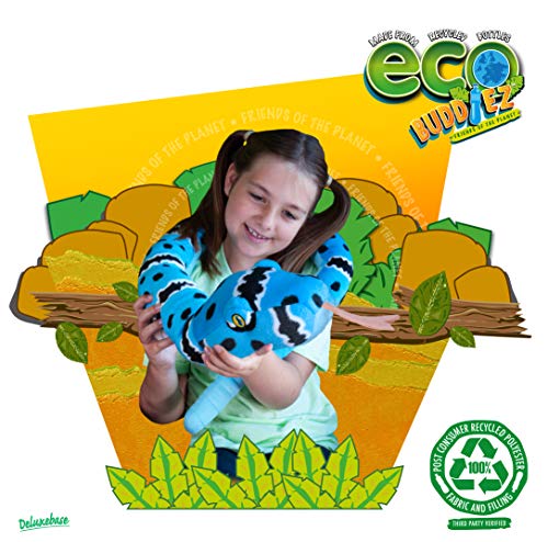 EcoBuddiez Sssnakes - Serpiente Azul de Cascabel de Deluxebase. Serpiente Peluche de 140cm. Peluches Grandes y Suaves Hechos de Botellas de plástico Reciclado. Perfecto Regalo ecológico para niños.