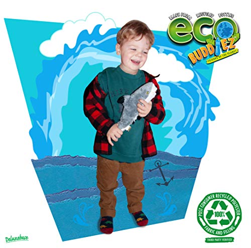 EcoBuddiez - Tiburón Punta Negra de Deluxebase. Peluche pequeño de 32 cm elaborado con Botellas de plástico recicladas. Lindo Peluche ecológico con Forma de animalito para niños pequeños.