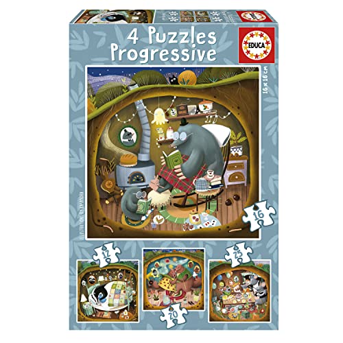 Educa - Set de 4 Puzzles Infantiles progresivos de 12 a 25 Piezas | Cuentos del Bosque by Kasandra. Medidas: 16 x 16 cm. Recomendados a Partir de 3 años (19685)