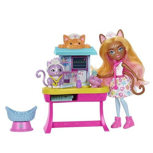 Enchantimals City Tails Main Street Clínica de Carlin Cat Muñeca doctora con mascota gato, set de juego y accesorios, juguete +4 años (Mattel HLH22)