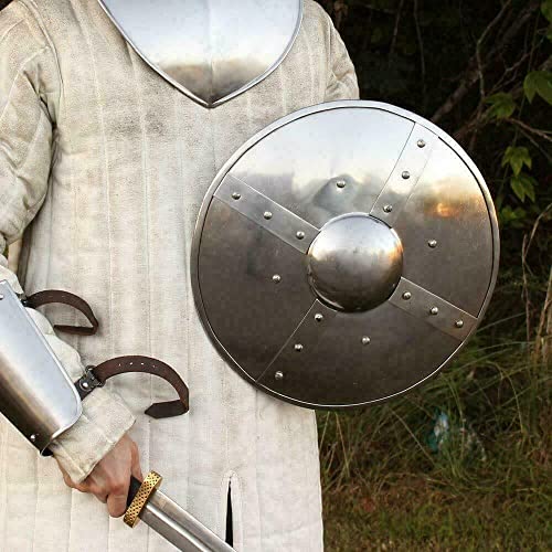 Escudo espartano de armadura de caballero medieval de 12 pulgadas de hierro redondo de acero con hebilla redonda de escudo cruzado guerrero disfraz de cosplay LARP Buhurt Shield Halloween