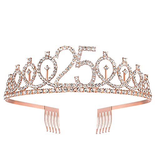 Faja y tiara de 25 cumpleaños para mujeres, corona de cumpleaños de oro rosa de 25 años y fabulosa faja y tiara para mujeres, regalo de 25 cumpleaños para regalos de fiesta de cumpleaños feliz 25