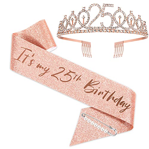 Faja y tiara de 25 cumpleaños para mujeres, corona de cumpleaños de oro rosa de 25 años y fabulosa faja y tiara para mujeres, regalo de 25 cumpleaños para regalos de fiesta de cumpleaños feliz 25