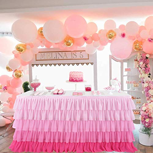Falda de mesa de tul rosa gradual de 14 pies para mesa rectangular o mesa redonda para bodas, fiestas de cumpleaños, decoración del hogar, baby shower (L167 inH30in)