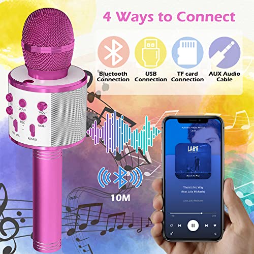 Fauxpont Micrófono Karaoke Bluetooth,5 en 1 Portátil Inalámbrico Karaoke con Altavoz,Microfono Compatible con Android iOS PC,| Remezclas | Radio FM| para Adultos y niños Home Party KTV (Rosado)