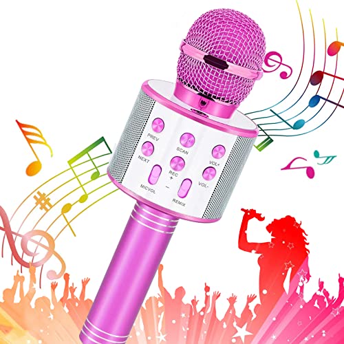 Fauxpont Micrófono Karaoke Bluetooth,5 en 1 Portátil Inalámbrico Karaoke con Altavoz,Microfono Compatible con Android iOS PC,| Remezclas | Radio FM| para Adultos y niños Home Party KTV (Rosado)