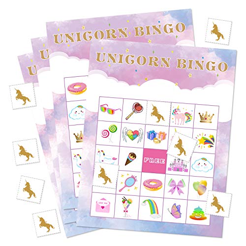 FEPITO Unicorn Bingo Game Unicorn Party Supplies Unicorn Bingo Cards con 24 Jugadores para niños Suministros de Fiesta de cumpleaños Favor de Fiesta mágica