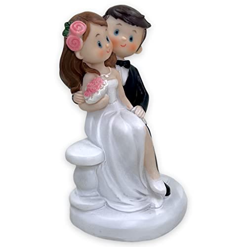 Figura para tarta de boda, pareja de novios, decoración para tartas, decoración para tarta de boda, decoración de boda (estilo cómic sentado en un banco)