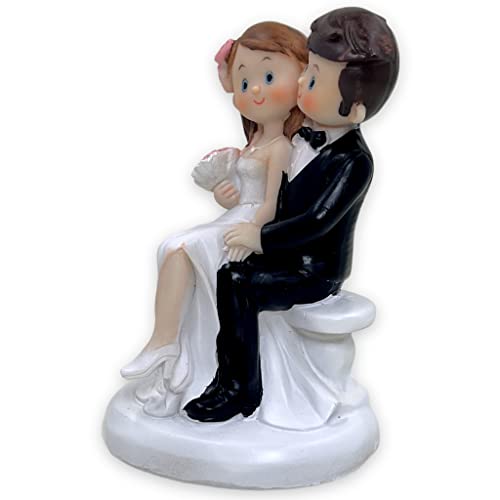 Figura para tarta de boda, pareja de novios, decoración para tartas, decoración para tarta de boda, decoración de boda (estilo cómic sentado en un banco)