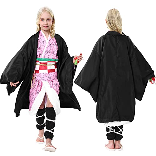 Firecos 9PCS Nezuko Disfraz Traje de Cosplay Kamado para Niñas Disfraces Anime Kimono con Peluca Regalo para Chicas para Carnaval Halloween Navidad (130)
