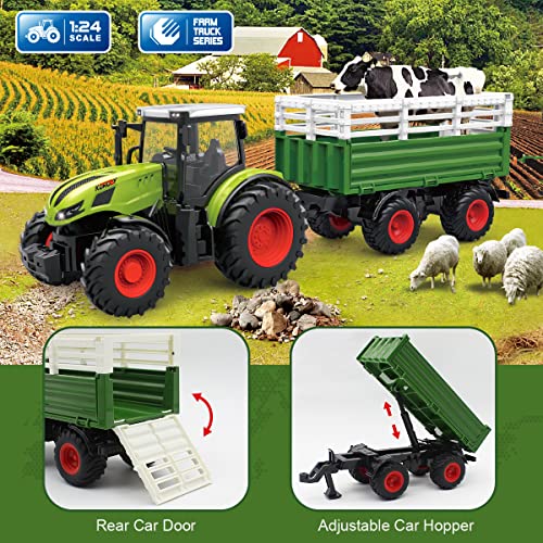 fisca Tractor de granja RC con remolque sembradoras de balas, 2,4 GHz, juego de granja 1:24 RC camión de granja con vaca, vallado, juguete agrícola para niños