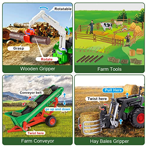 fisca Tractor de granja RC con remolque sembradoras de balas, 2,4 GHz, juego de granja 1:24 RC camión de granja con vaca, vallado, juguete agrícola para niños