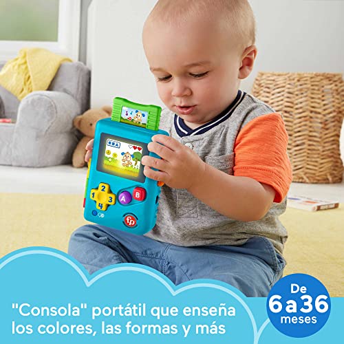Fisher-Price Ríe y Aprende Miniconsola retro de aprendizaje con luces y sonidos, juguete de para bebé +6 meses, versión español + portugués + italiano + inglés (HHX12)