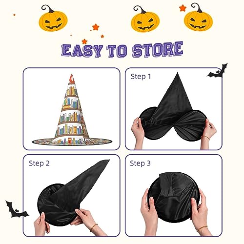 FJAUOQ Divertida colección de estantes de libros y escalera impresión de cono de Halloween, sombrero de bruja, sombrero de mago, accesorios de fiesta de carnaval
