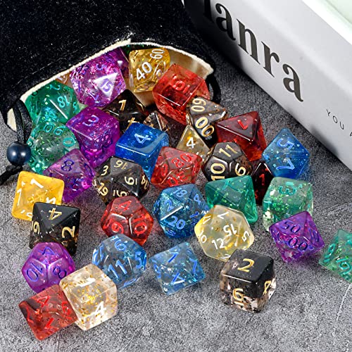 FLASHOWL Dados de cinta de colores de cristal transparente D20 Dice Dungeons and Dragons Dice Games Table Dice Polyhedral Roll Play W20 Dice DND RPG MTG Dice poliédrico (7 piezas Pupple)
