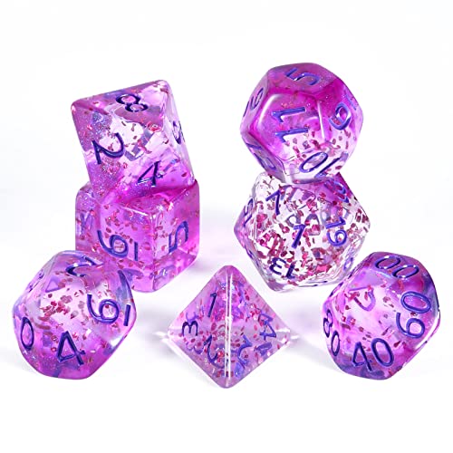 FLASHOWL Dados de cinta de colores de cristal transparente D20 Dice Dungeons and Dragons Dice Games Table Dice Polyhedral Roll Play W20 Dice DND RPG MTG Dice poliédrico (7 piezas Pupple)