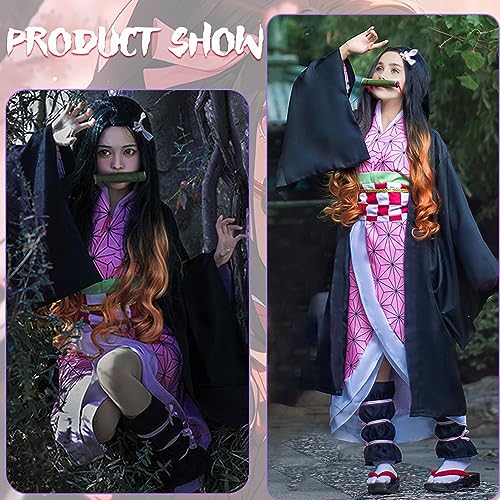 Formemory Disfraz de cosplay Kamado Nezuko, 8 Piezas Traje de Matadora de Demonios de Anime Japonés, Kimetsu no Yaiba nezuko Kimono Disfraces de Halloween para Niños y Adultos