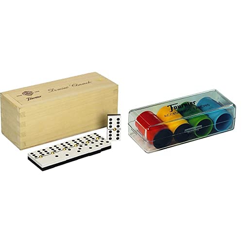 Fournier - Domino Chamelo Celuloide Caja Madera, Color Marrón (F06573) + Accesorios Parchis (4 Jugadores) (F06513)