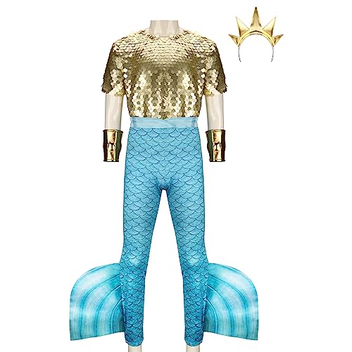 Funhoo Disfraz de rey Tritón para Hombre Corona de Príncipe Merman Dios del mar Poseidón Cola de Pez Cosplay Halloween Fiesta de Disfraces para Adultos (L)