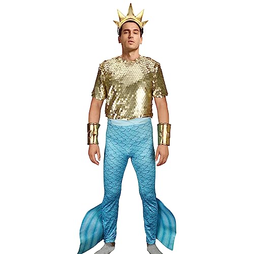 Funhoo Disfraz de rey Tritón para Hombre Corona de Príncipe Merman Dios del mar Poseidón Cola de Pez Cosplay Halloween Fiesta de Disfraces para Adultos (L)