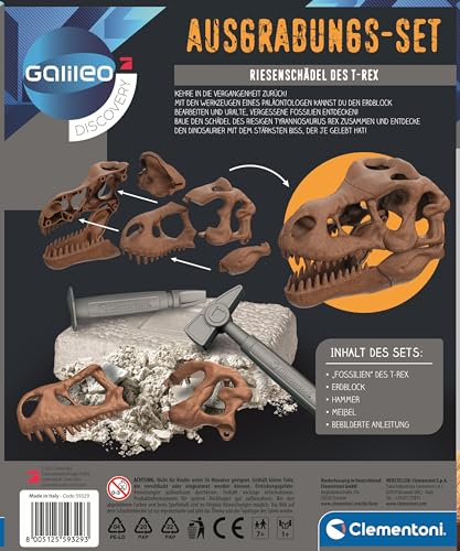 Galileo Discovery 59329 - Kit de excavación de cráneo Gigante del T-Rex, Dinosaurio Fosiles como Juguete para niños a Partir de 7 años Clementoni