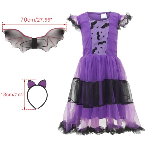 GEMVIE Disfraz de murciélago para niña,Disfraz de murciélago vampiro Cosplay Halloween Día de todos los santos Carnaval Fiesta Tutu Vestido para niñas 3-12 años (7-9 años)