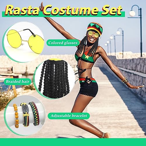GLGHMH 5 accesorios de disfraz rasta, sombrero rasta con rastas negras y gafas amarillas y 3 pulseras, disfraz caribeño para fiestas, cosplay