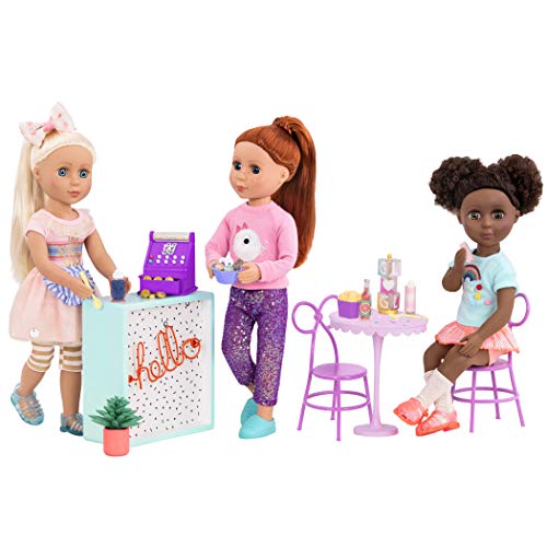 Glitter Girls Muebles para exteriore – Mesa y sillas – Comida y registradora de Juguete – Accesorios para muñecas de 14 Pulgadas – GG Sweet Shop Terrace Set, Multicolor (BattatCo GG57061Z)