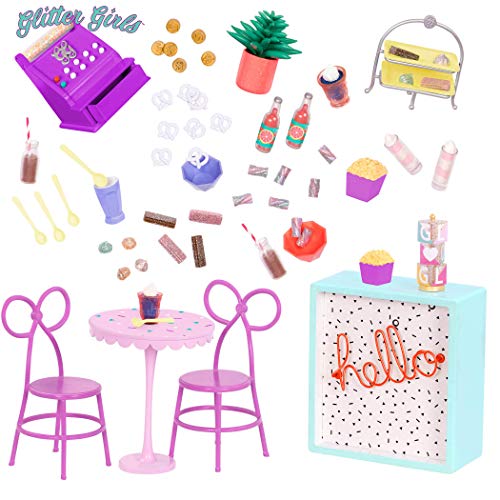 Glitter Girls Muebles para exteriore – Mesa y sillas – Comida y registradora de Juguete – Accesorios para muñecas de 14 Pulgadas – GG Sweet Shop Terrace Set, Multicolor (BattatCo GG57061Z)