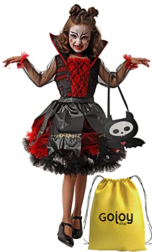 Gojoy Shop- Disfraz Cosplay de Vampira para Niñas para Carnaval Halloween (Contiene:Vestido con Manga Malla Cuello Alta,Bolsito y Mochila de Cuerdas. 4 Tallas Diferentes) (5-6 años)