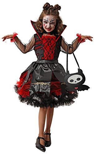 Gojoy Shop- Disfraz Cosplay de Vampira para Niñas para Carnaval Halloween (Contiene:Vestido con Manga Malla Cuello Alta,Bolsito y Mochila de Cuerdas. 4 Tallas Diferentes) (5-6 años)