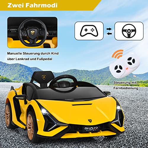 GOPLUS Lamborghini - Coche eléctrico para niños con mando a distancia, Bluetooth USB y tarjeta TF, bocina y música, 3-5 km/h, hacia adelante y hacia atrás, para niños de 3 a 8 años (amarillo)