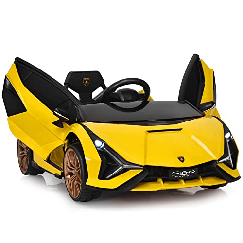 GOPLUS Lamborghini - Coche eléctrico para niños con mando a distancia, Bluetooth USB y tarjeta TF, bocina y música, 3-5 km/h, hacia adelante y hacia atrás, para niños de 3 a 8 años (amarillo)