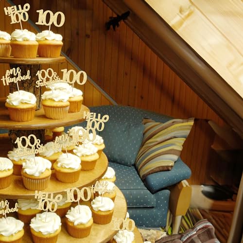 Gyufise 24 adornos para cupcakes de 100 cumpleaños con purpurina dorada, Hello 100 100 y fabulosas púas para cupcakes para decoración de tartas de 100 cumpleaños
