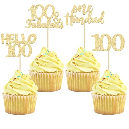 Gyufise 24 adornos para cupcakes de 100 cumpleaños con purpurina dorada, Hello 100 100 y fabulosas púas para cupcakes para decoración de tartas de 100 cumpleaños