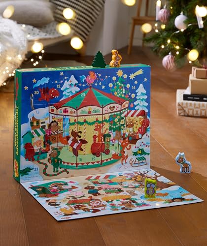 HABA Calendario de Adviento – En el mercado de Navidad – 24 figuras de madera diseñadas con amor con fondo de juego 3D – para niños a partir de 2 años